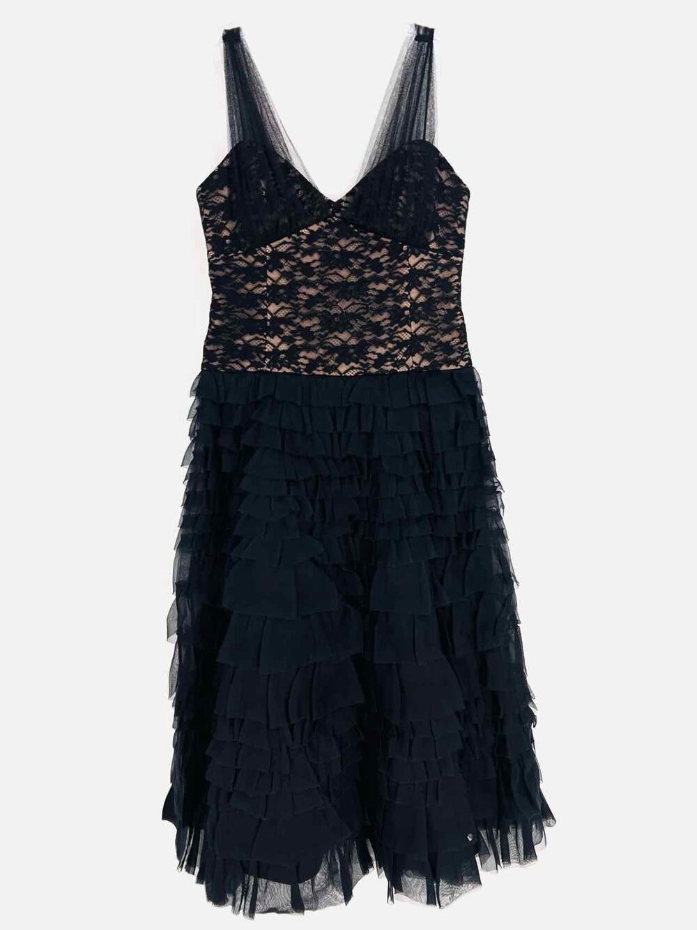 Teri Jon Size 6 Black/Tan Lace Tiered Designer Formal